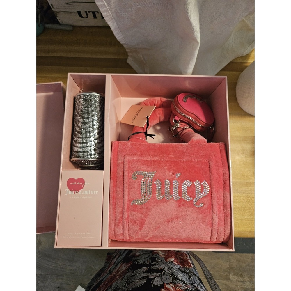 Juicy Couture Mini Tote Bag Faux fur Pink silver Coin Purse Gift Set NIB